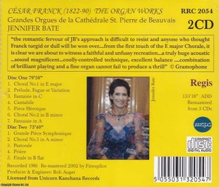 Cesar Franck, The Organ Works; Grandes Orgues de la Cathedrale St. Pierre de Beauvais, with Jennifer Bate. 2 CD set. See pictures for full contents.