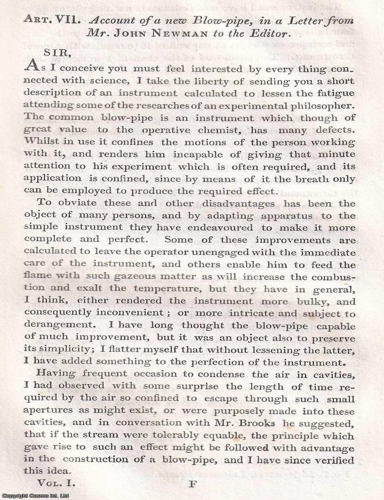 Item #367259 Account of a new Blow-Pipe. 2 pages. An article printed in 1816, written by John...