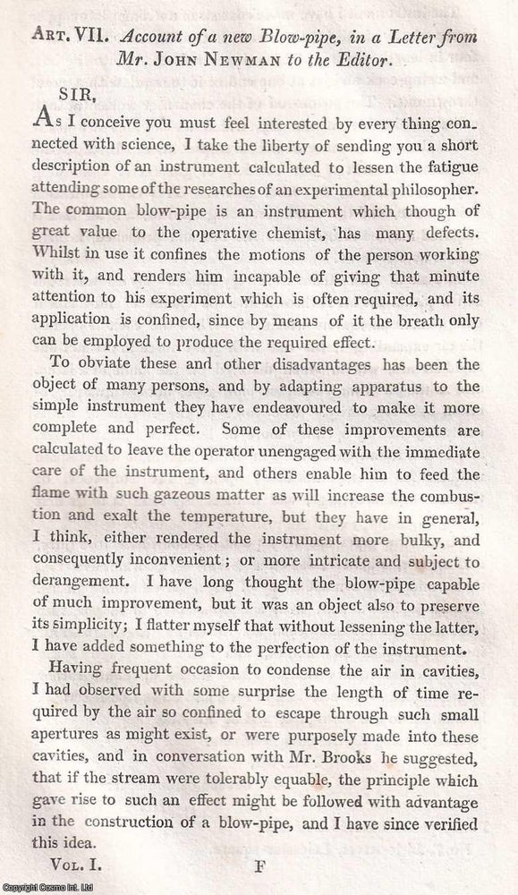 Item #367259 Account of a new Blow-Pipe. 2 pages. An article printed in 1816, written by John...