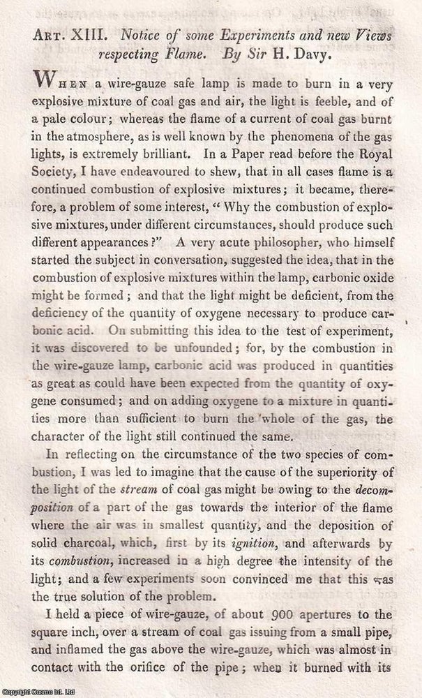 Item #367271 Some Experiments & new Views respecting Flame in a Wire-Gauze Safe-lamp, by Sir...