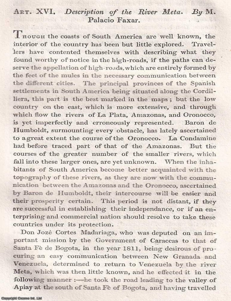 Item #367273 The River Meta, South America, by Palacio Faxar. An uncommon original article from...