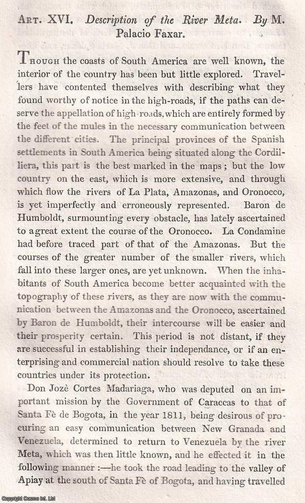 Item #367273 The River Meta, South America, by Palacio Faxar. An uncommon original article from...