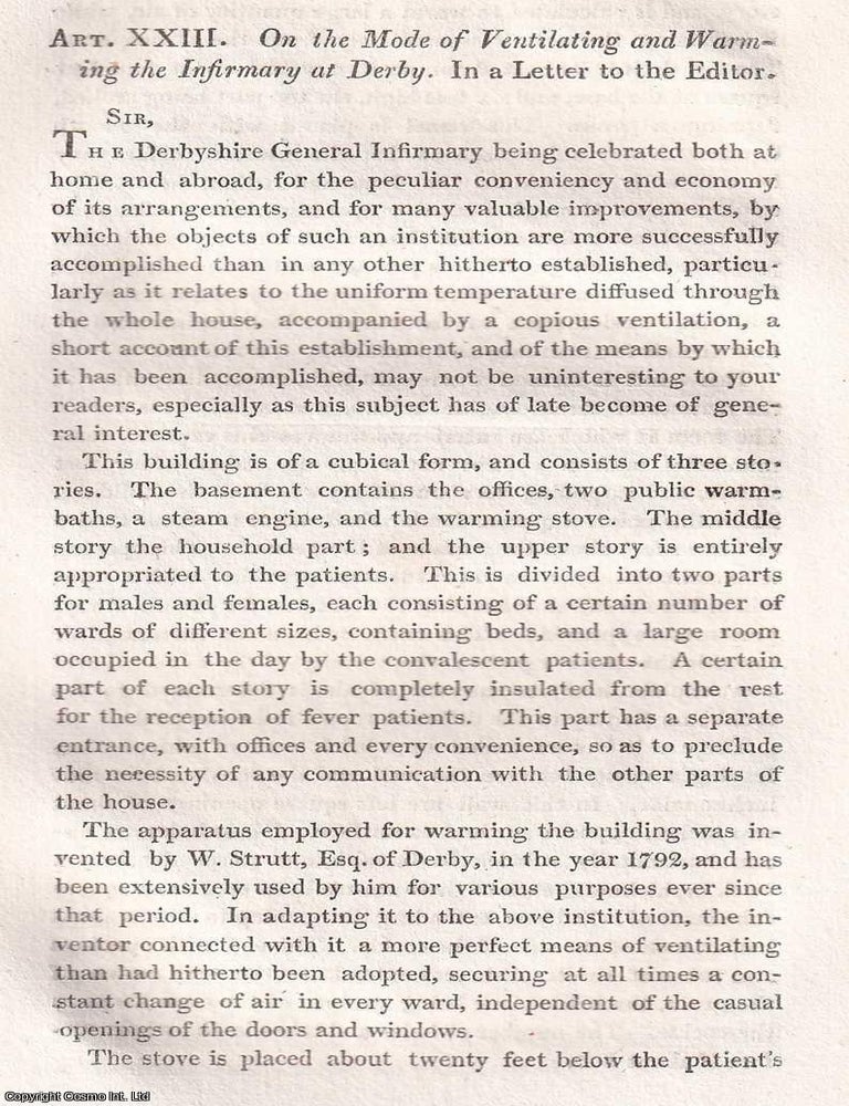 Item #367275 The Mode of Ventilating & Warming the Infirmary at Derby. An uncommon original...