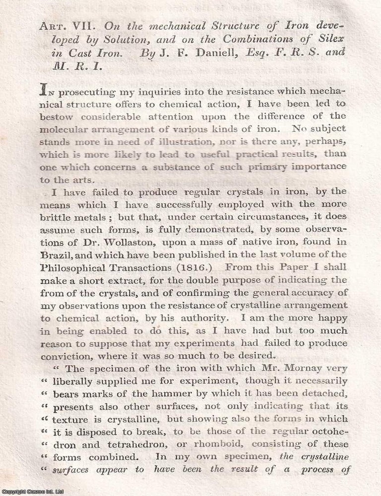 Item #367279 On The Mechanical Structure of Iron developed by Solution, & on the Combinations...