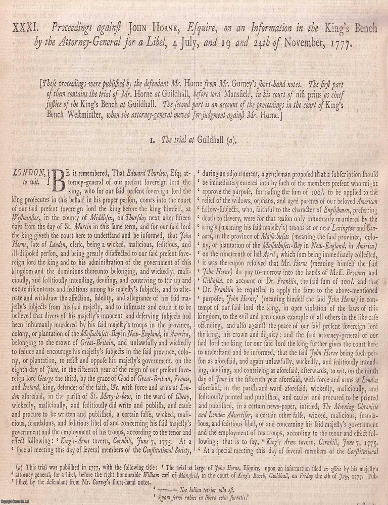 Item #367322 The 1777 Trial of John Horne Tooke for Soliciting Subscriptions After Lexington and...