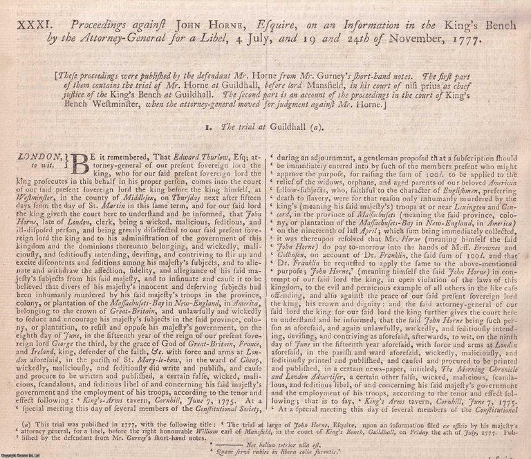Item #367322 The 1777 Trial of John Horne Tooke for Soliciting Subscriptions After Lexington and...