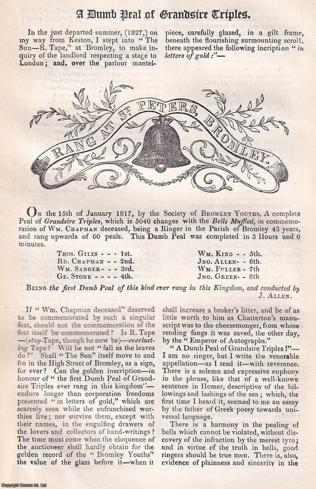 Item #367334 A Dumb Peal of Grandsire Triples, Bromley. An original article from Hone's...
