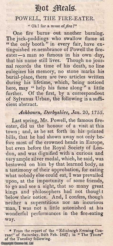 Item #367346 Powell the Fire Eater. An original article from Hone's Every Day Book, 1827....