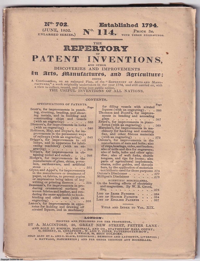 Item #367373 June 1852. The Repertory of Patent Inventions, and other Discoveries and Improvements in Arts, Manufactures, and Agriculture, being a Continuation of the Repertory of Arts and Manufactures since 1794. See picture for Contents details. PATENTS.