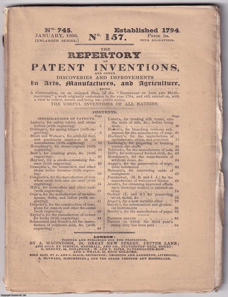 Item #367375 January 1856. The Repertory of Patent Inventions, and other Discoveries and Improvements in Arts, Manufactures, and Agriculture, being a Continuation of the Repertory of Arts and Manufactures since 1794. See picture for Contents details. PATENTS.