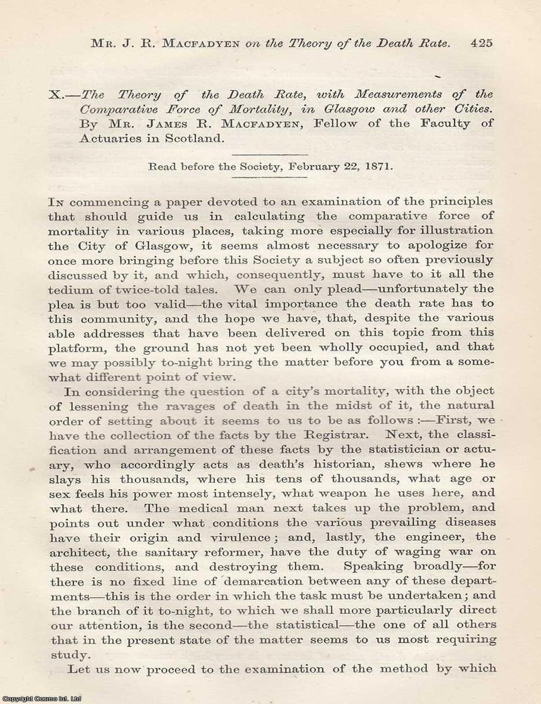 Item #367535 The Theory of the Death Rate, with Measurements of the Comparative Force of...