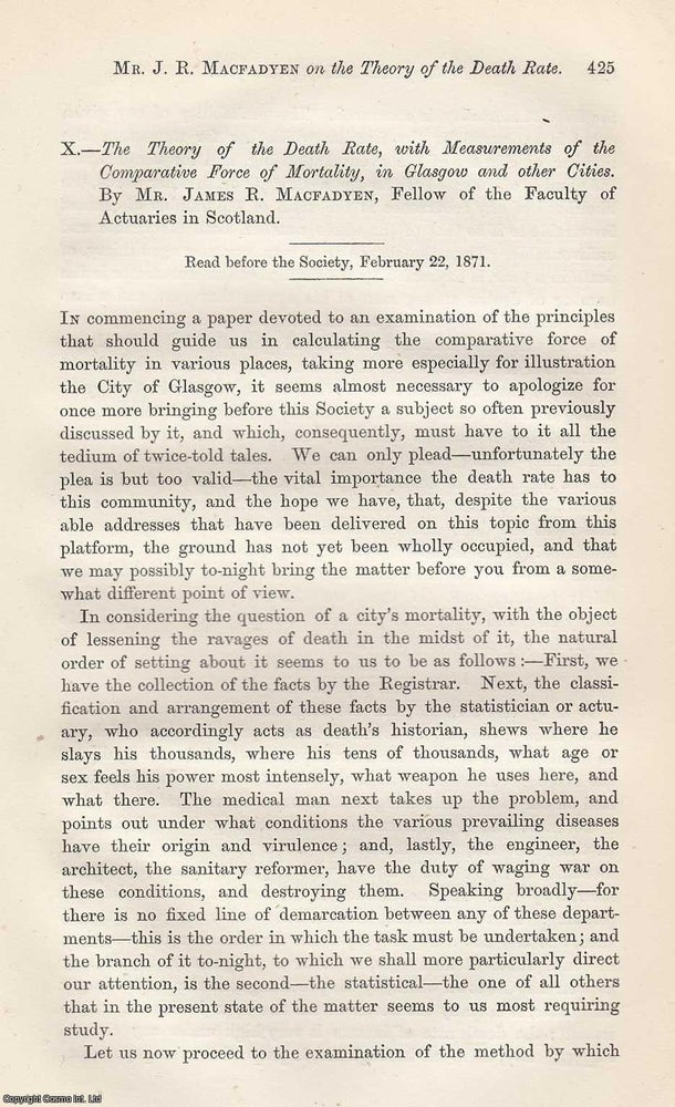 Item #367535 The Theory of the Death Rate, with Measurements of the Comparative Force of...