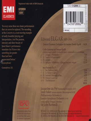 Elgar : Cello Concerto. Sea Pictures. Overture: Cockaigne. Jacqueline du Pre, Janet Baker, Sir John Barbirolli. See pictures for full contents.