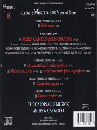 Allegri's Miserere and the Music of Rome. The Cardinall's Musick, Andrew Carwood. See pictures for full contents.