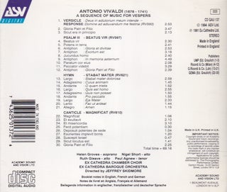 Antonio Vivaldi : Vespers. A sequence of Music for Vespers. Ex Cathedra Chamber Choir & Baroque Orchestra. Directed by Jeffrey Skidmore. See pictures for full contents.