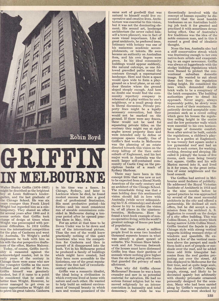 Item #367999 Walter Burley Griffin (1876-1937) : Griffin in Melbourne. By Robin Boyd. This is an...