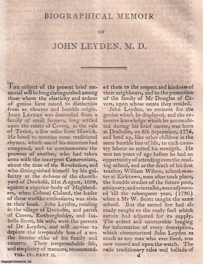 Item #368505 John Leyden, M.D. Scottish orientalist and translator. A Biographical Memoir. An...
