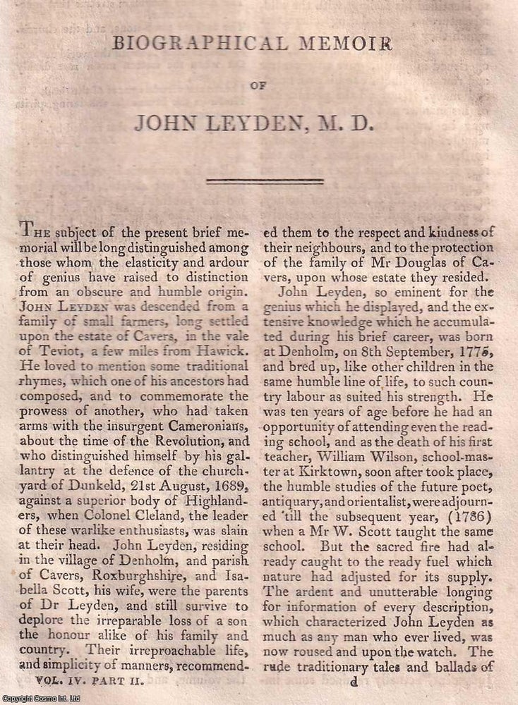 Item #368505 John Leyden, M.D. Scottish orientalist and translator. A Biographical Memoir. An...