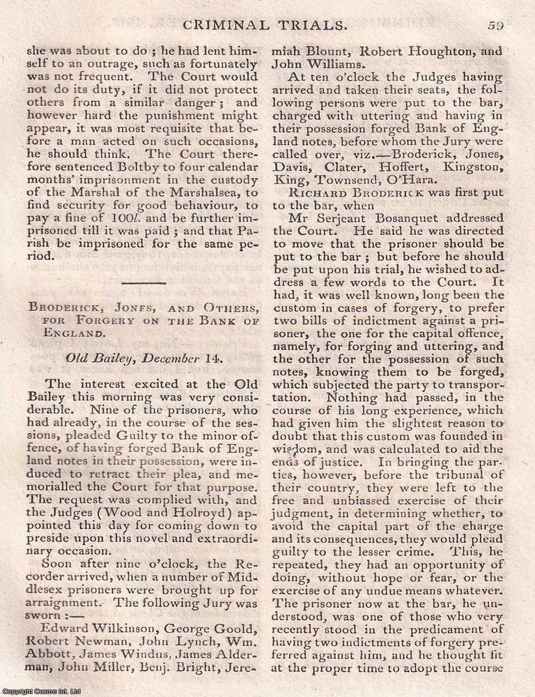 Item #368514 Broderick, Jones, and others for Bank Note Forgery on the Bank of England. An...