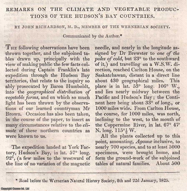 Item #368530 Hudson's Bay Countries : Remarks on the Climate and Vegetable Productions. By...