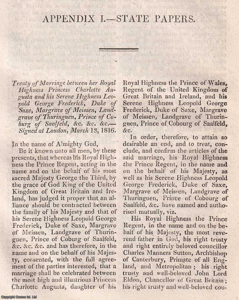 Item #368538 Treaty of Marriage between her Royal Highness Princess Charlotte Augusta and his...
