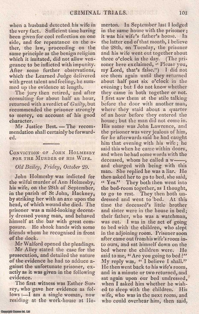 Item #368557 Conviction of John Holmesby for the Murder of his Wife, St John, Hackney, September...