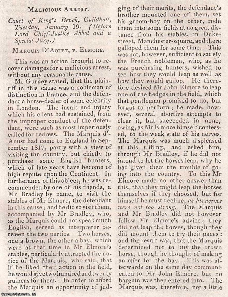Item #368559 Marquis d'Aoust, French nobleman, v. Mr Elmore, a London horse dealer. A trial...