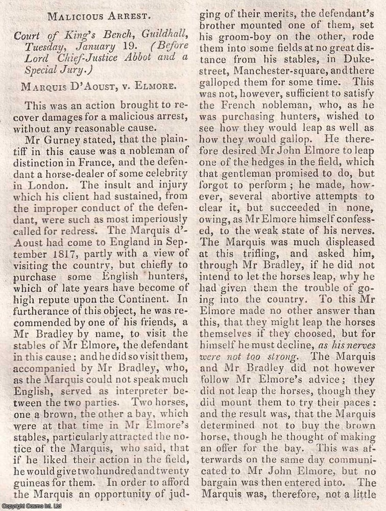 Item #368559 Marquis d'Aoust, French nobleman, v. Mr Elmore, a London horse dealer. A trial...