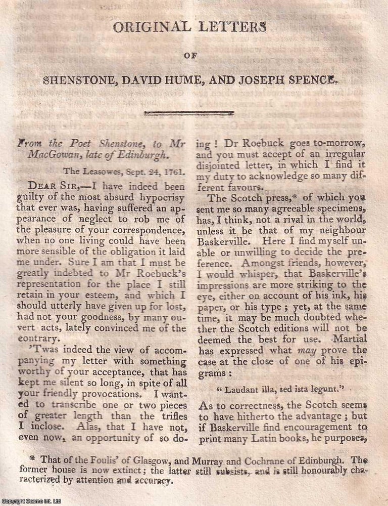 Item #368571 Letters of Shenstone, David Hume, and Joseph Spence. An original article from The...