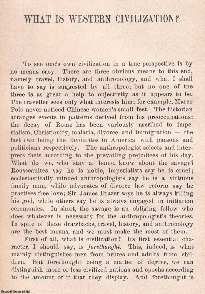 Item #368692 What is Western Civilization ? An article printed in 1929, written by Bertrand...