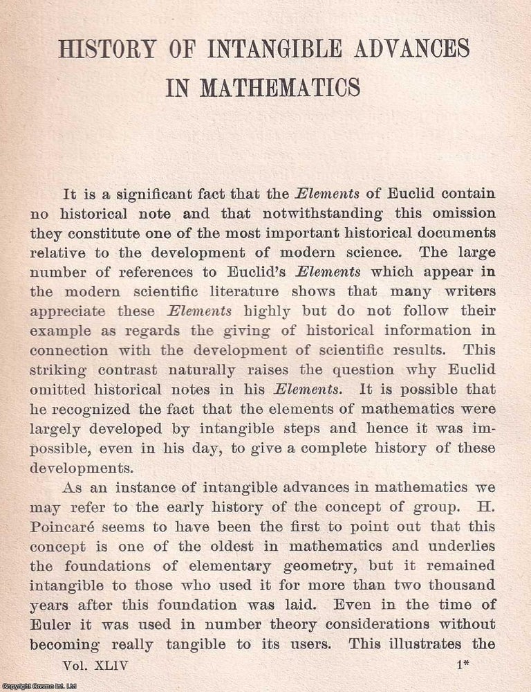 Item #368693 History of intangible Advances in Mathematics. An article printed in 1928, written...