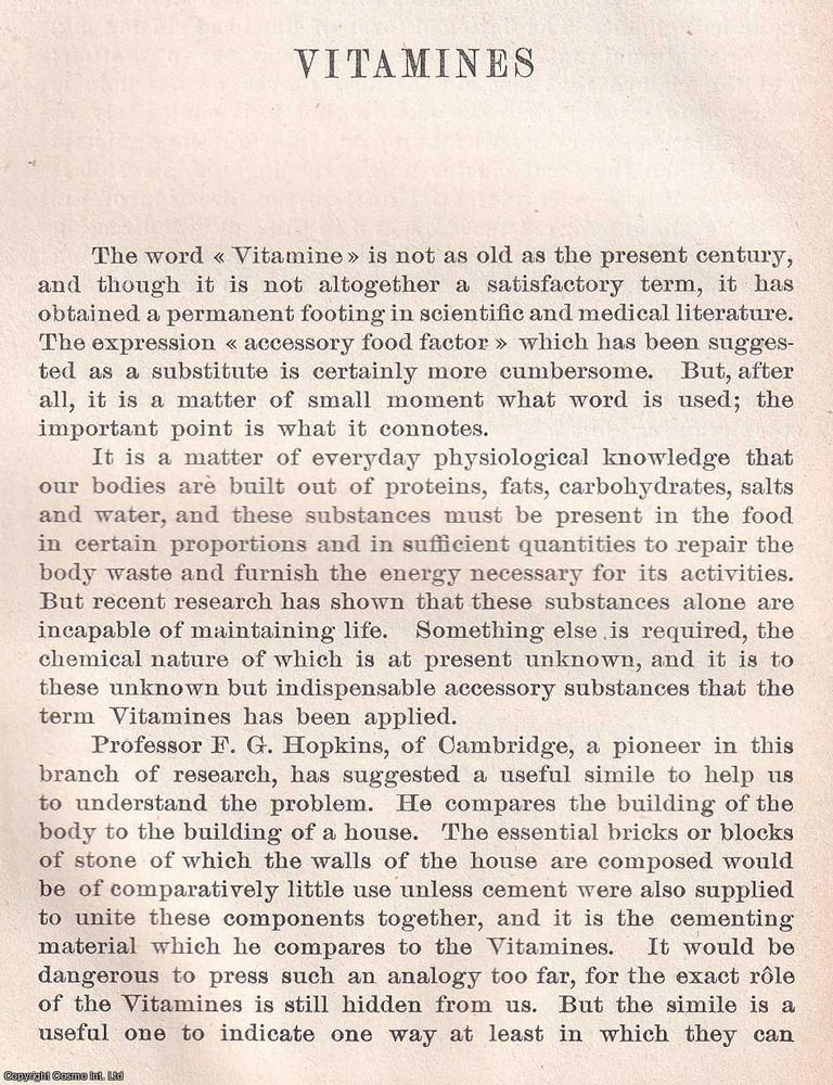 Item #368695 Vitamins : Vitamines. An article printed in 1920, written by W.D. Haliburton....