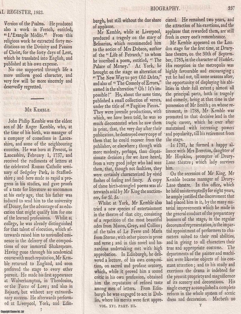 Item #368861 Obituary of John Philip Kemble; British actor, theatre manager, and playwright. An...
