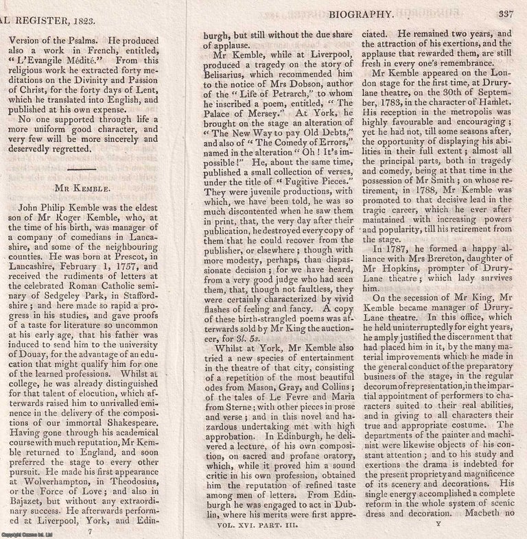 Item #368861 Obituary of John Philip Kemble; British actor, theatre manager, and playwright. An...