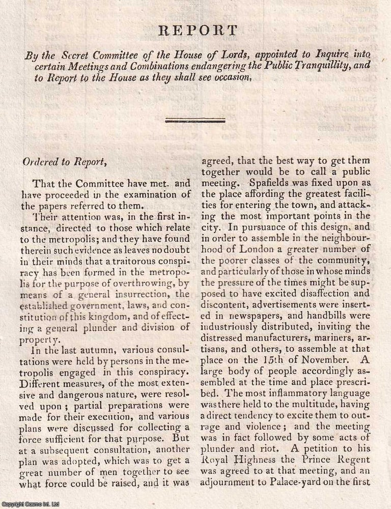 Item #368866 Public Tranquility : Report by the Secret Committee of the House of Lords (into the...