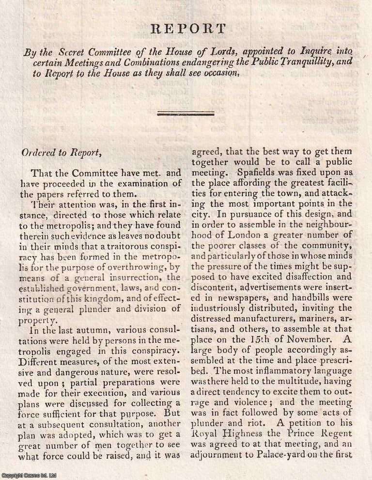 Item #368866 Public Tranquility : Report by the Secret Committee of the House of Lords (into the...
