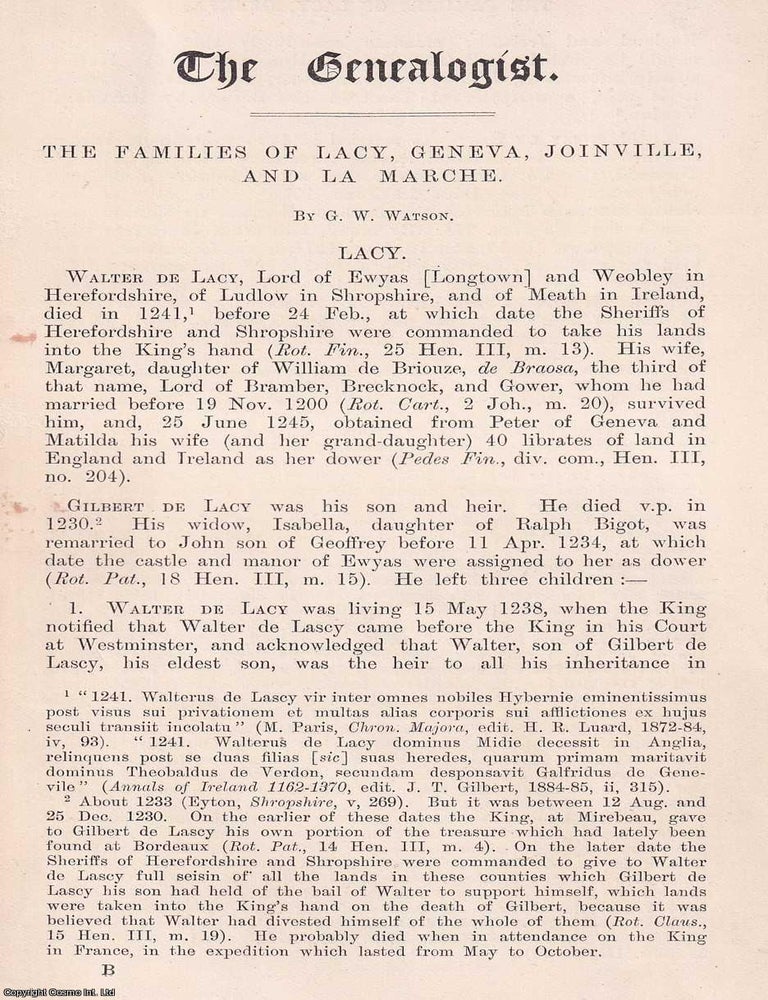 Item #368881 The Families of Lacy, Geneva, Joinville, and La Marche. G W. Watson