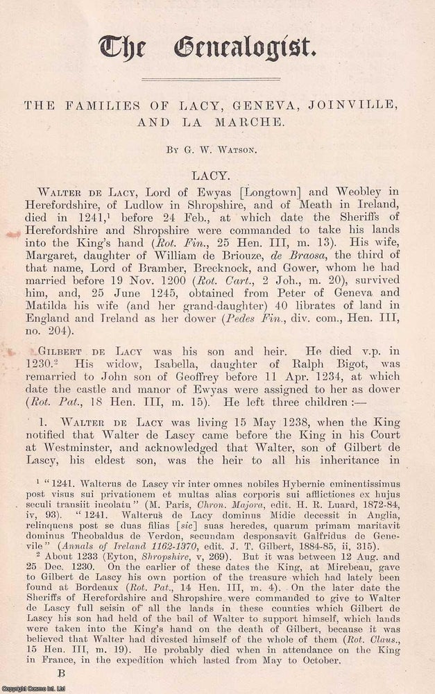 Item #368881 The Families of Lacy, Geneva, Joinville, and La Marche. G W. Watson
