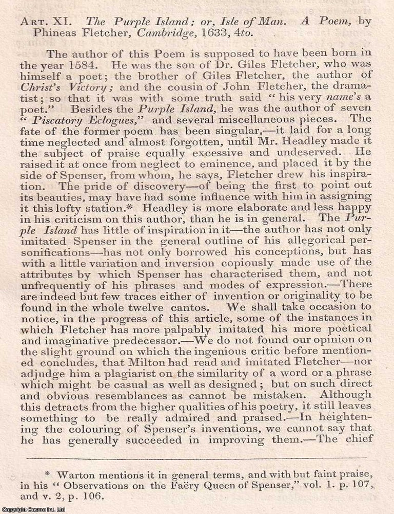 Item #368904 The Purple Island; or, Isle of Man. A Poem by Phineas Fletcher, 1633. An...