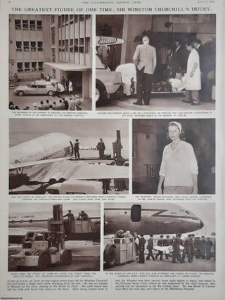 Sir Winston Churchill in 1962, aged 87. Following an injury whilst on hoiliday in Monte Carlo, he was flown back to England. This series of pages follow events from the fall to recovery. 5 pages of contemporary photographs and text from The Illustrated London News, 1962. A rare, original print from The Illustrated London News, carefully removed and preserved : an important artifact of journalism's golden age!