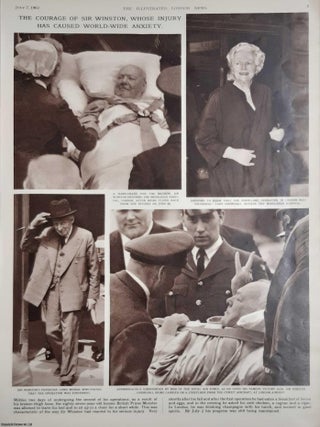 Sir Winston Churchill in 1962, aged 87. Following an injury whilst on hoiliday in Monte Carlo, he was flown back to England. This series of pages follow events from the fall to recovery. 5 pages of contemporary photographs and text from The Illustrated London News, 1962. A rare, original print from The Illustrated London News, carefully removed and preserved : an important artifact of journalism's golden age!