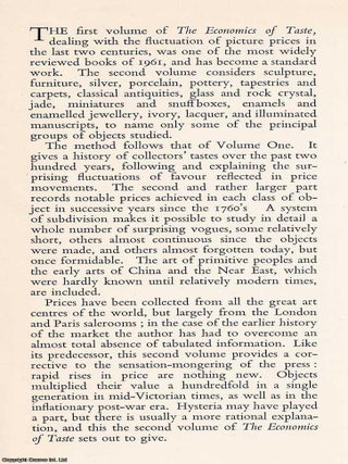 The Economics of Taste. Volume 2 : The rise and fall of objets d'art prices since 1750. By Gerald Reitlinger.