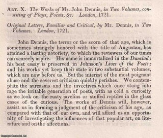 Item #369066 John Dennis's Works; the views of Dennis as critic of his times, wit, politician and...