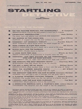 Startling Detective. September 1966. Vol 57, No 362. Nude Corpse in Cape River Fear; The Sergeant Died with his Gun Blazing; Blood Bath for the Barmaid.