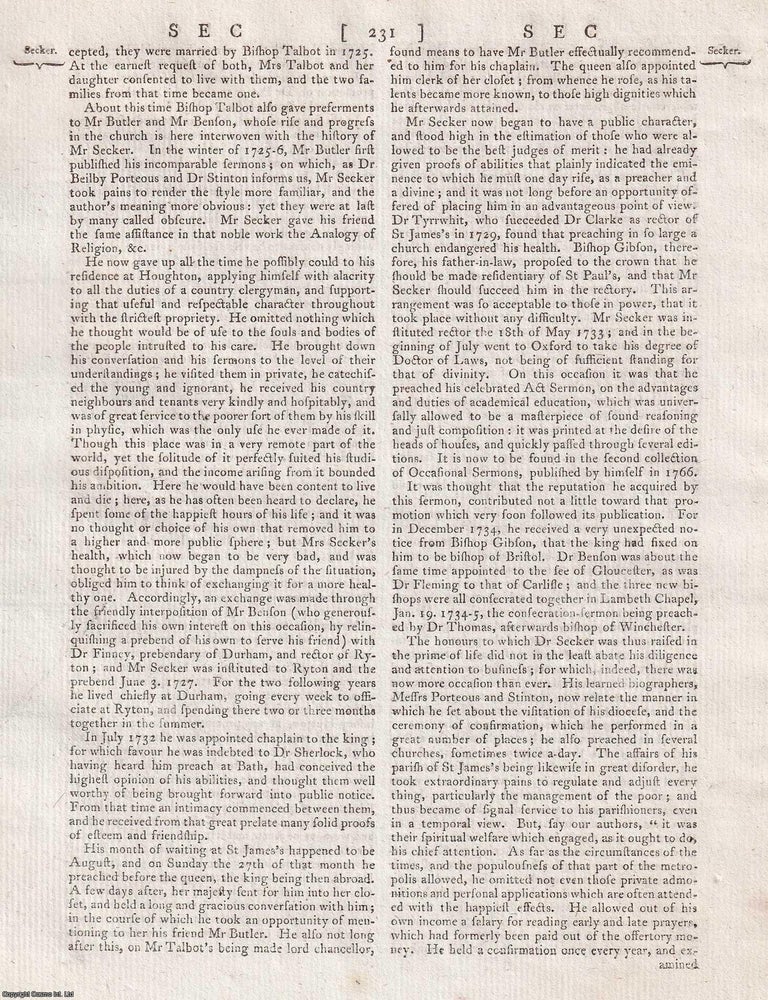 Item #369667 Thomas Secker (1693-1768), Archbishop of Canterbury. A rare original article from...