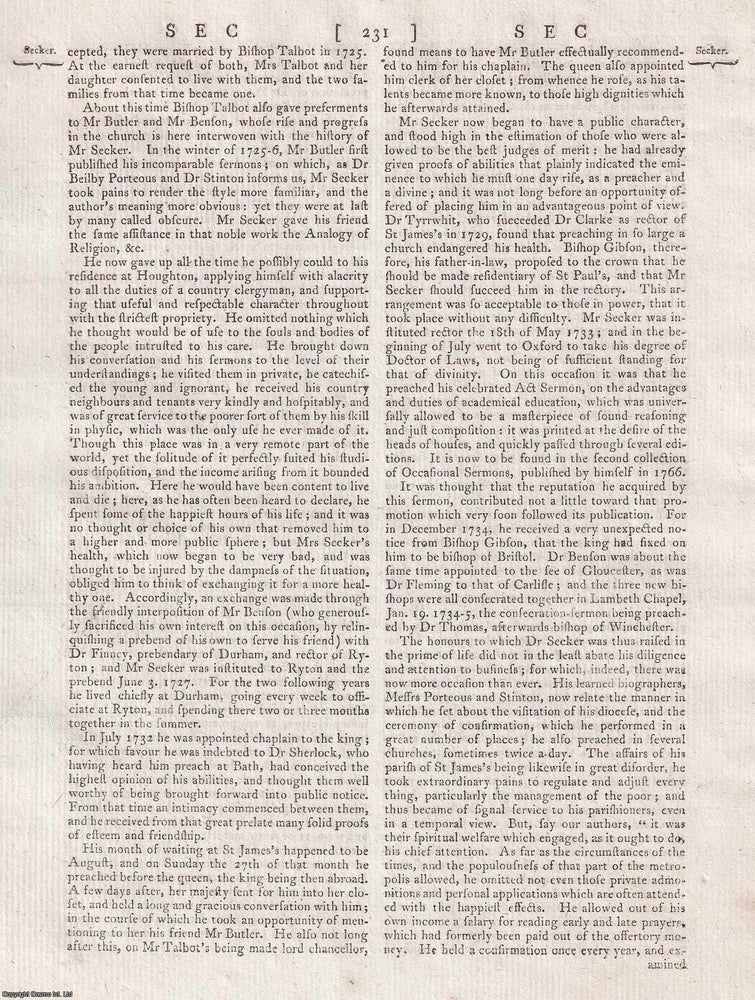 Item #369667 Thomas Secker (1693-1768), Archbishop of Canterbury. A rare original article from...