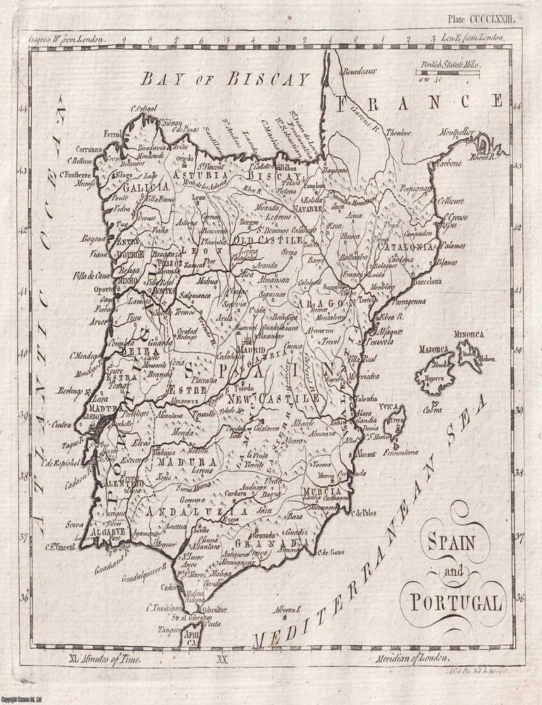 Item #369675 Spain and Portugal, with map and accompanying text. A rare original article from the Encyclopaedia Britannica, 1797. SPAIN AND PORTUGAL WITH MAP.