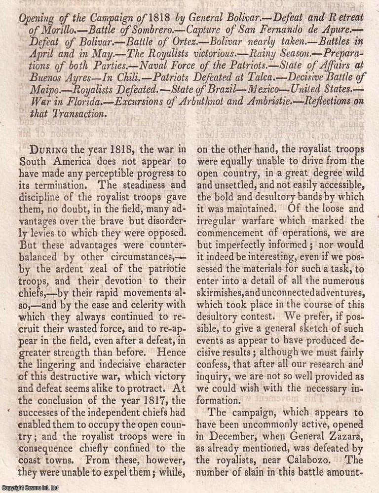 Item #369880 Opening of the Campaign of 1818 by General Bolivar; Defeat and Retreat of Bolivar;...