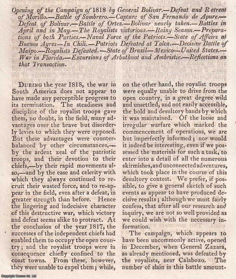 Item #369880 Opening of the Campaign of 1818 by General Bolivar; Defeat and Retreat of Bolivar;...