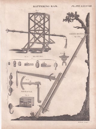 1823 Prints : Battering Ram; Cloud; Temperament of Music; Scythes; Levelling . 5 Engraved Prints from the Encyclopaedia Britannica, 1823. See pictures for details.